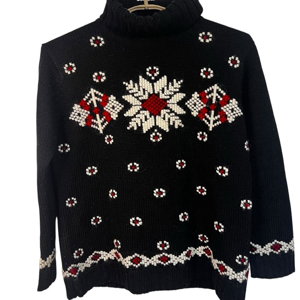 Nordic Floral Mohair Angora Blend Black White Red Turtleneck Sweater | L | 90's